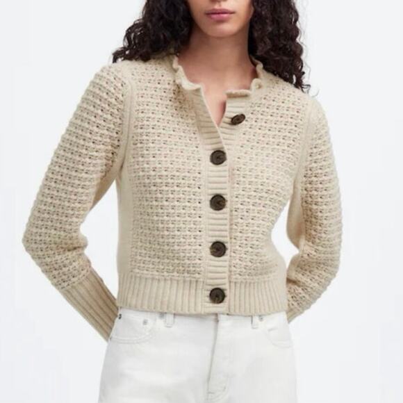 Madewell Sweaters - Madewell Scalloped Merino Wool-Blend Cropped Cardigan Sweater Oat Tan Size XS